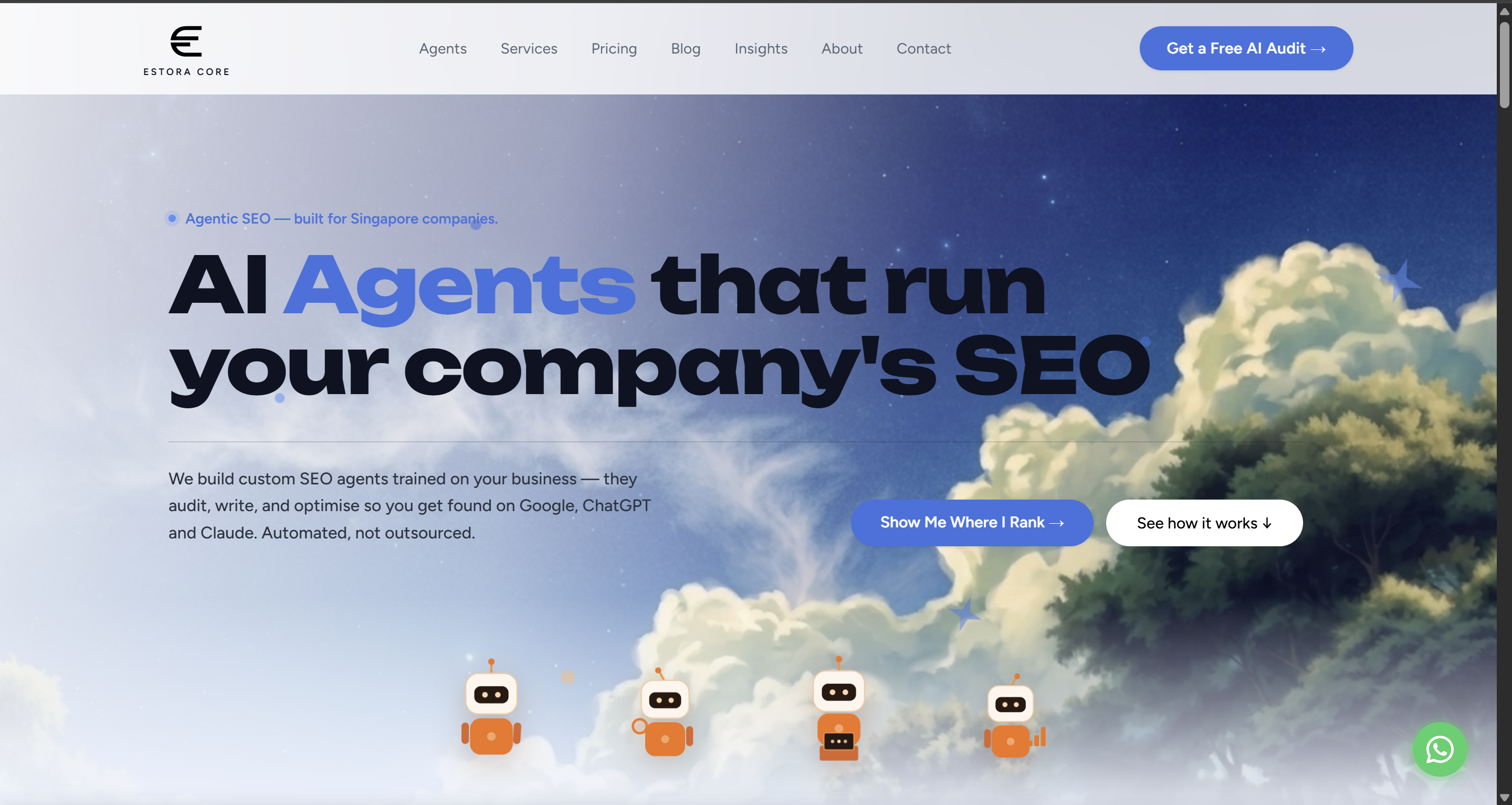 EstoraCore website introducing custom SEO agents for Singapore companies