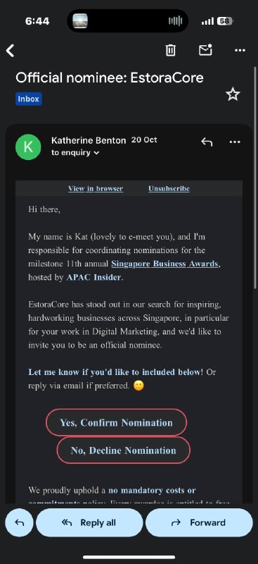 Email from APAC Insider inviting EstoraCore to confirm a Singapore Business Awards nomination