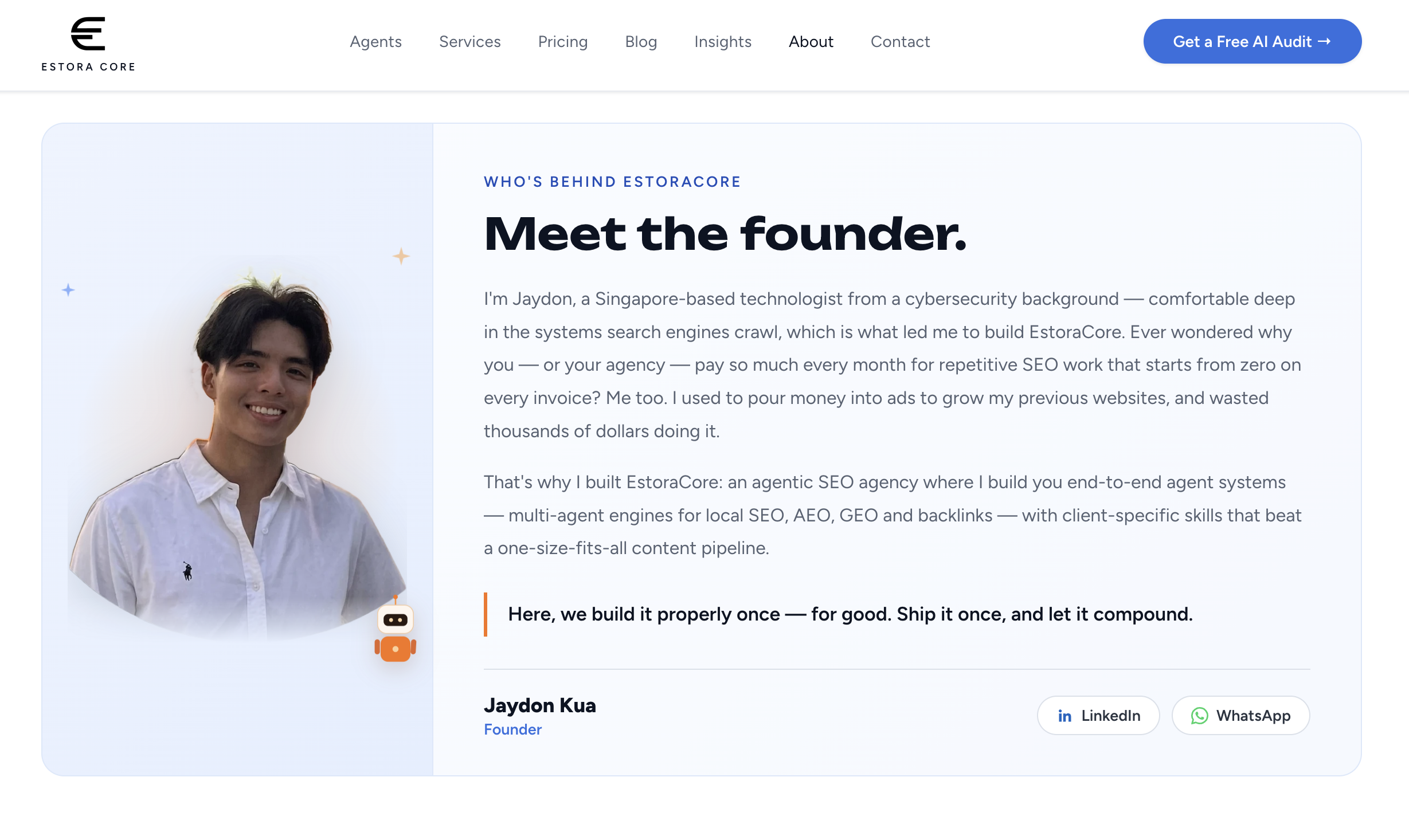 EstoraCore founder page introducing Jaydon Kua and the story behind the business
