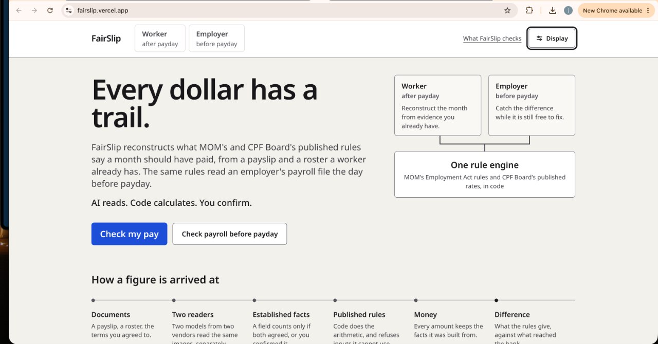 FairSlip website with worker and employer pay-checking journeys