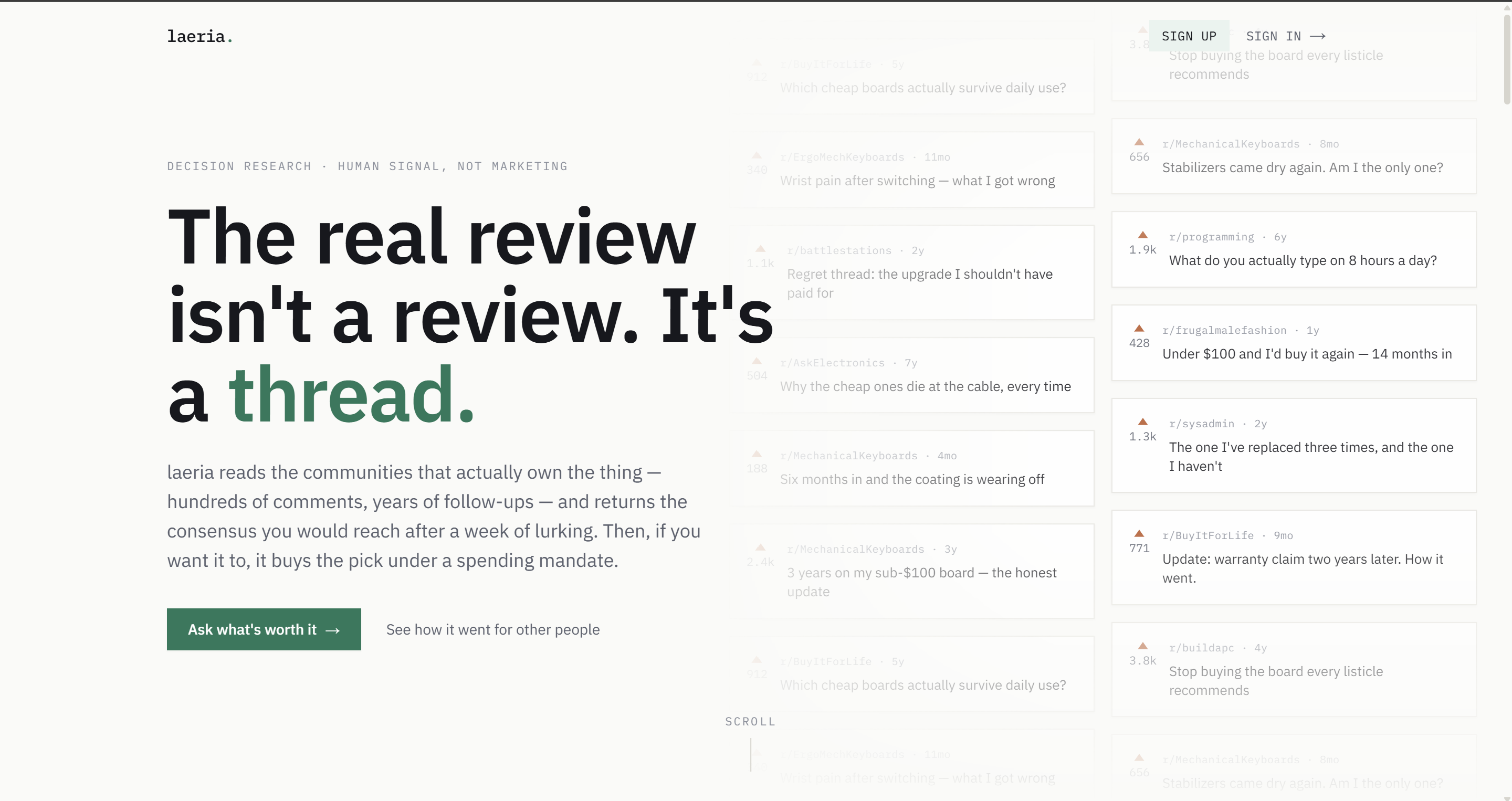 laeria product interface showing community research threads