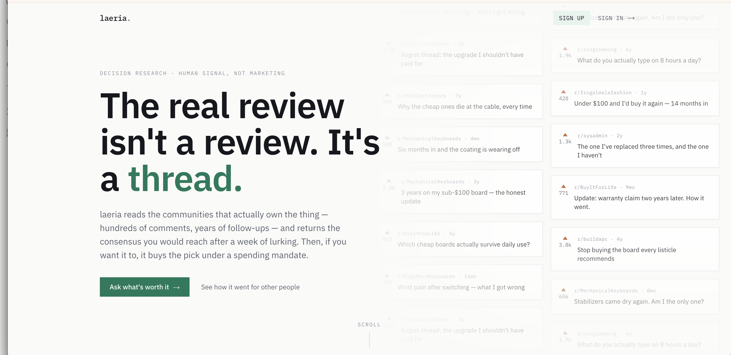 laeria.ai website introducing product research from community conversations