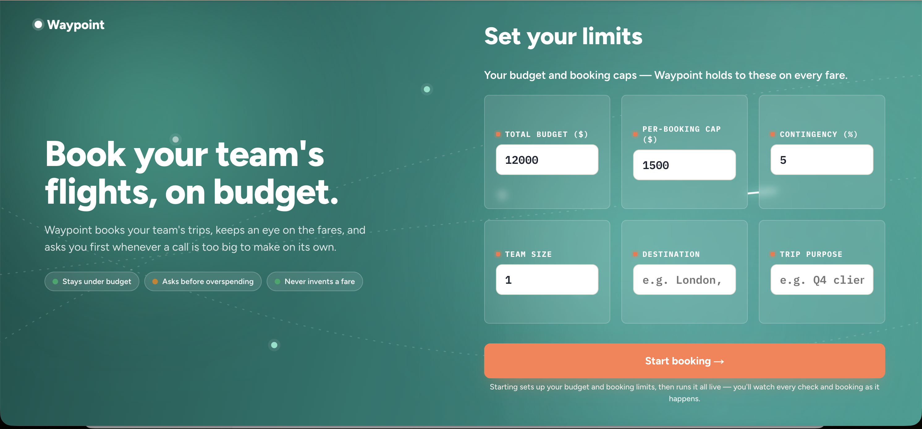 Waypoint website with budget, booking cap, contingency and team trip settings